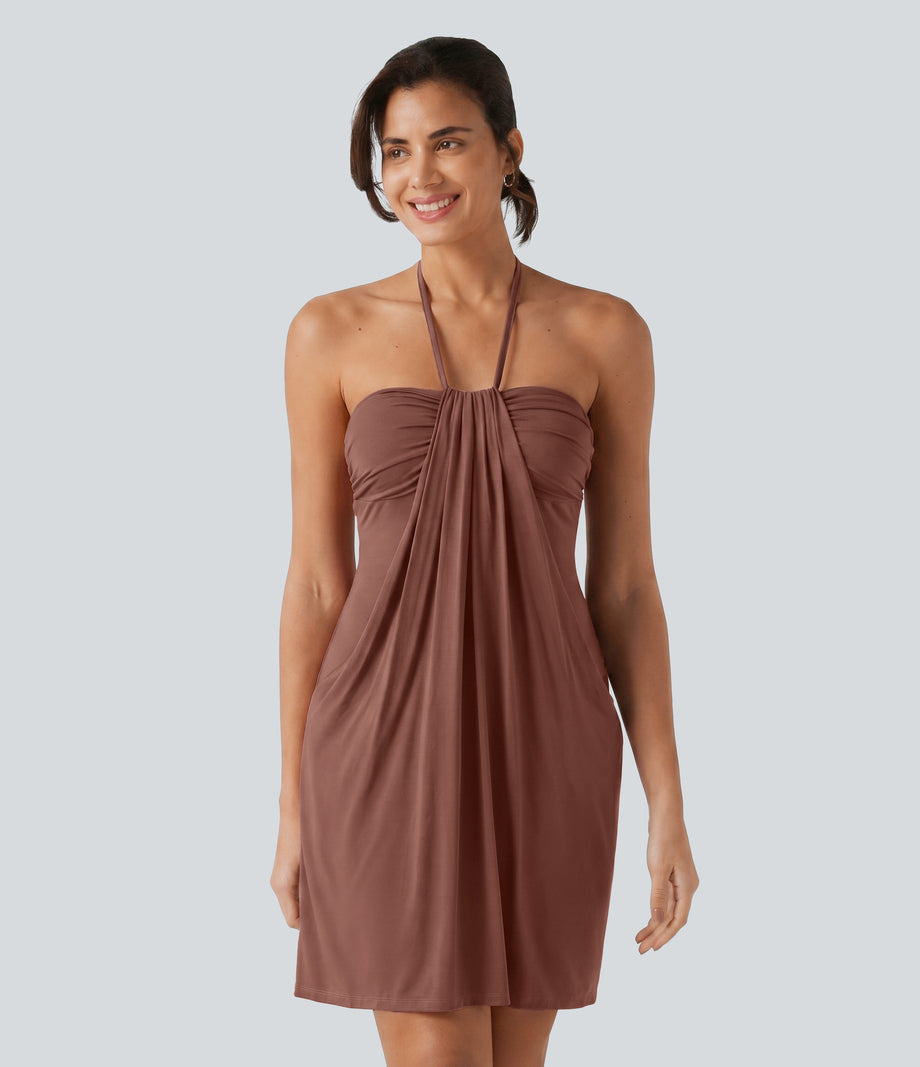 Halter Tie Back Mini Resort Dress with Pockets - Brick Dust