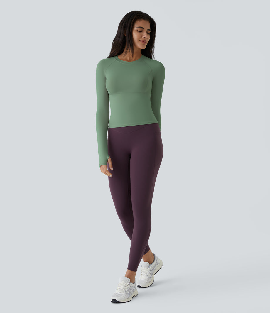 Solid Thumb Hole Yoga Sports Top - Green Shade