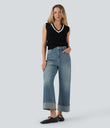 Halara Flex™ High Waisted Pockets Rolled Hem Wide Leg Washed Casual Jeans - Blue Surf Denim