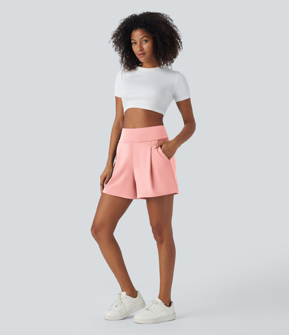 DayStretch High Waisted Work Baggy Shorts 4'' with Pockets - Candy Pink