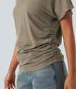 V-neck Short Sleeve Ruched Relaxed Casual Top - Khaki Floral Yarn