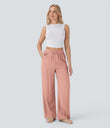 High Waisted Drawstring Pocket Wide Leg Baggy Casual Linen-Feel Pants - Mineral Red