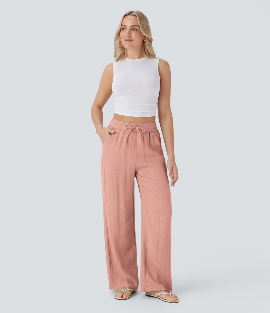 High Waisted Drawstring Pocket Wide Leg Baggy Casual Linen-Feel Pants - Mineral Red