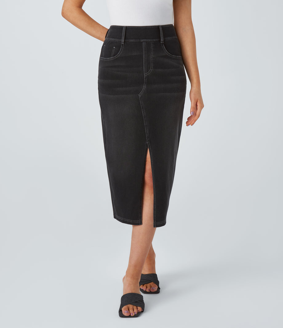 Halara Flex™ High Waisted Pockets Bodycon Washed Denim Casual Midi Skirt - Carbon Paint Denim