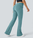 High Waisted Side Flap Pocket Flare Casual Cargo Pants - Stone Green