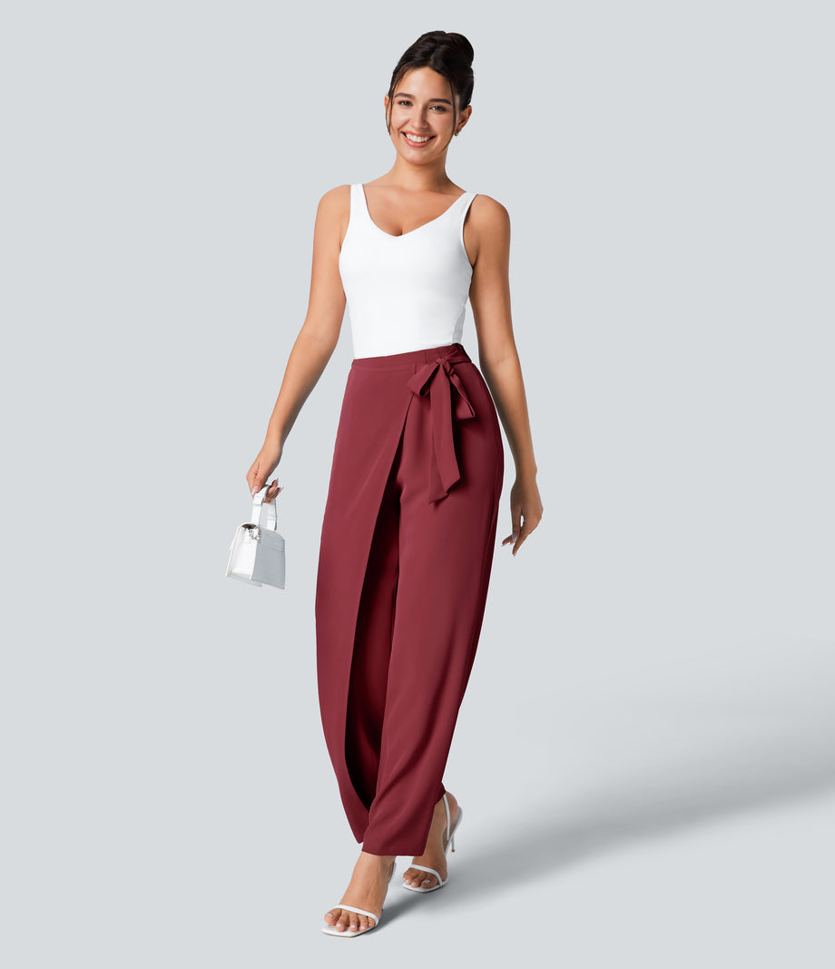 Halara Flex™ High Waisted Tie Side Wide Leg Work Pants - Plum Bossom Red