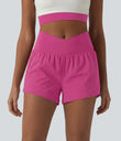 SoftlyZero™ Airy Crossover High Waisted 2-in-1 Cool Touch Yoga Shorts 3'' with Pockets - Fuchsia Fedora