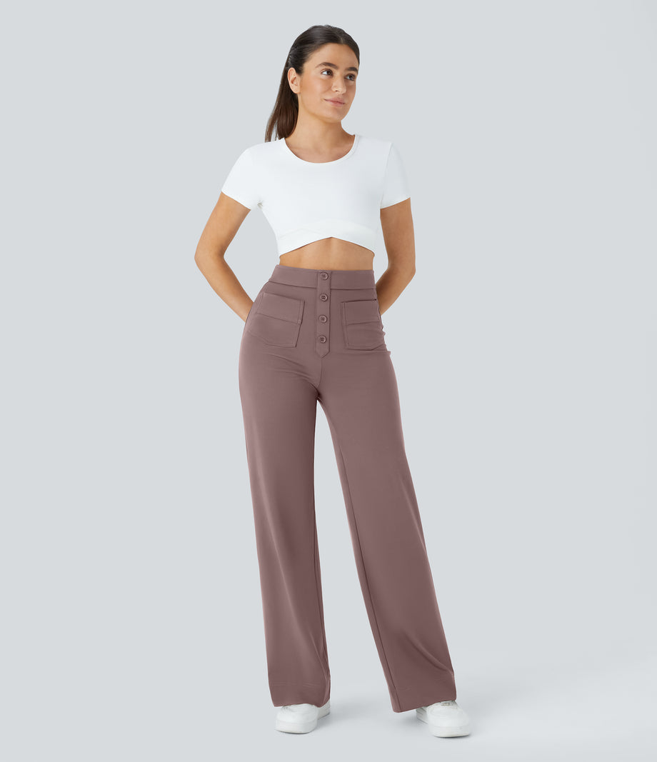DayStretch High Waisted Pockets Straight Leg Casual Pants - Purple Sandalwood