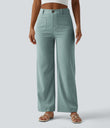 High Waisted Straight Leg Casual Linen-Feel Pants with Pockets - Silverwood Sage