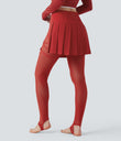 Breezeful™ High Waisted Pleated 2-in-1 Contrast Mesh Quick Dry Dance Stirrup Skirted Leggings with Pockets - Pompeian Red