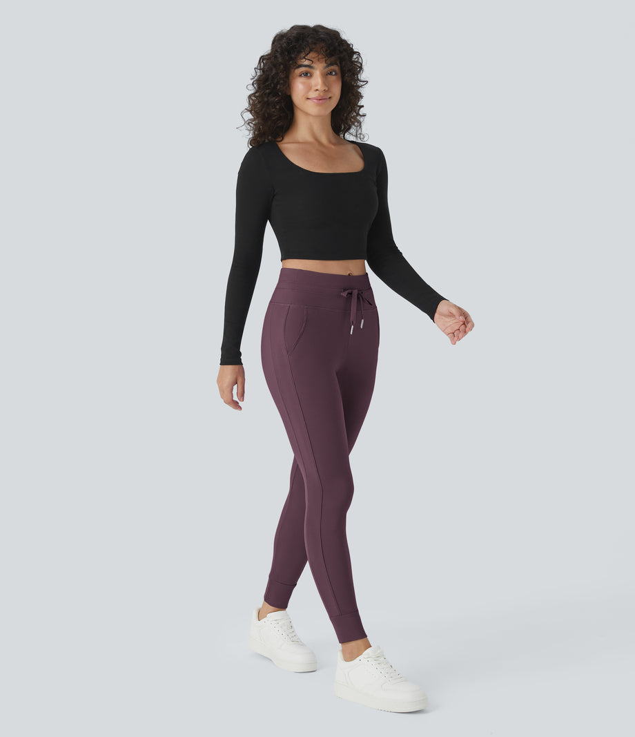 SoftlyZero™ Plush High Waisted Drawstring Pocket Plain Full Length Joggers - Dusky Evening purple