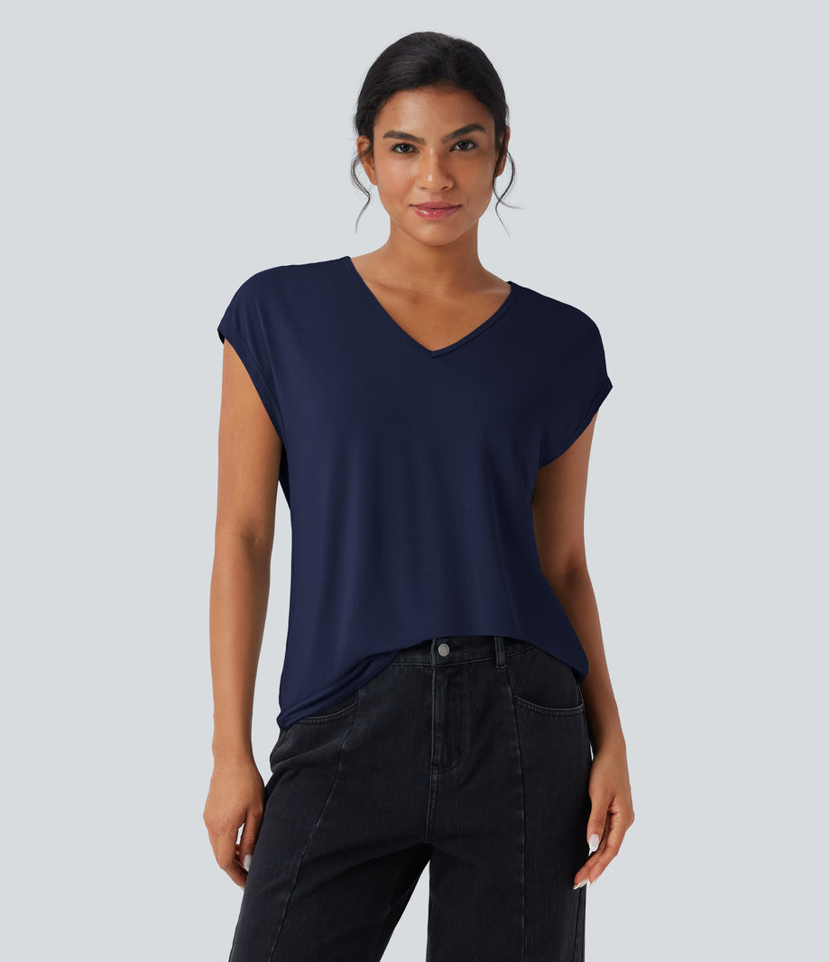 V Neck Short Sleeve Casual T-Shirt - Maritime Blue