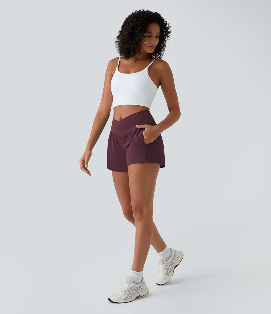 Breezeful™ High Waisted Crossover Pocket 2-in-1 Quick Dry Yoga Shorts 4" - Amaranth
