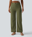 High Waisted Straight Leg Casual Linen-Feel Pants with Pockets - Moss Dune Green