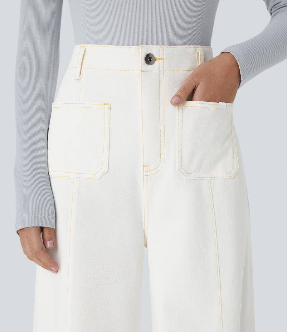 Halara Flex™ High Waisted Pockets Washed Casual Wide Leg Jeans - Beige Denim
