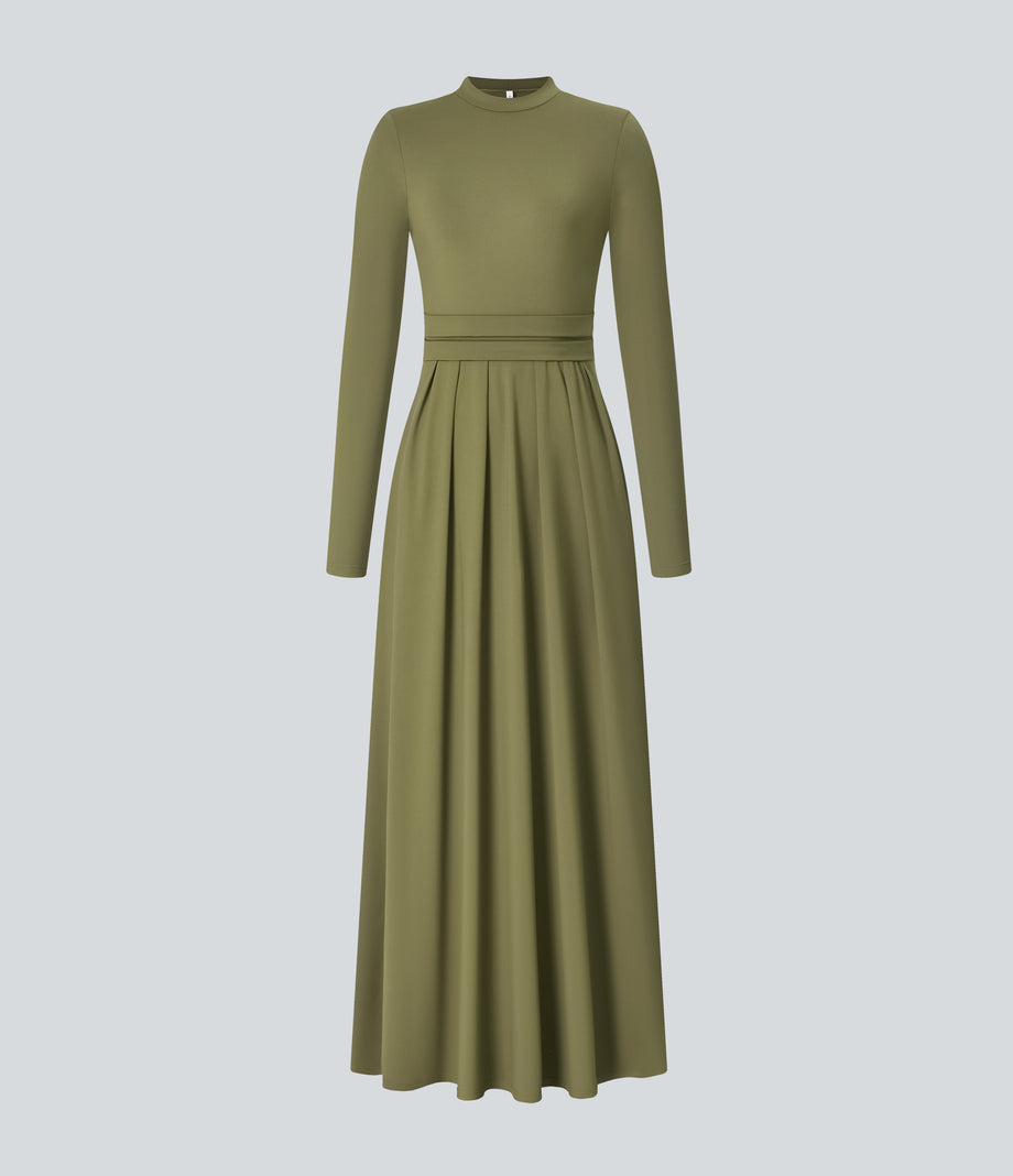 Mock-neck Long Sleeve Pocket Flare Maxi Casual Dress - Capulet Olive