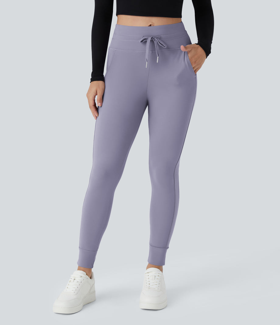 SoftlyZero™ Plush High Waisted Drawstring Pocket Plain Full Length Joggers - Silver Bullet