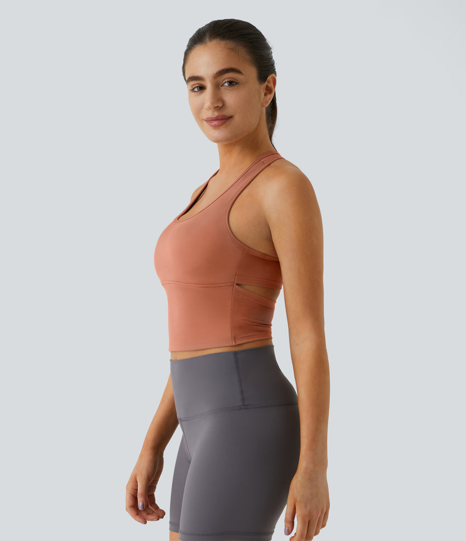 SoftlyZero™ Plush U Neck Racerback Cut Out Cropped Yoga Tank Top - Sun Baked