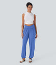 Crossover High Waisted Pocket Drawstring Casual Joggers - Sky Blue Floral Yarn