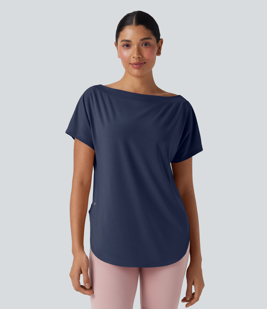 One Shoulder Short Sleeve Curved Hem High Low Quick Dry Yoga Sports Top - Mood Indigo