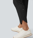 Mid Rise Drawstring Curved Hem Quick Dry Golf Tapered Pants with Pockets-UPF40+ - Black