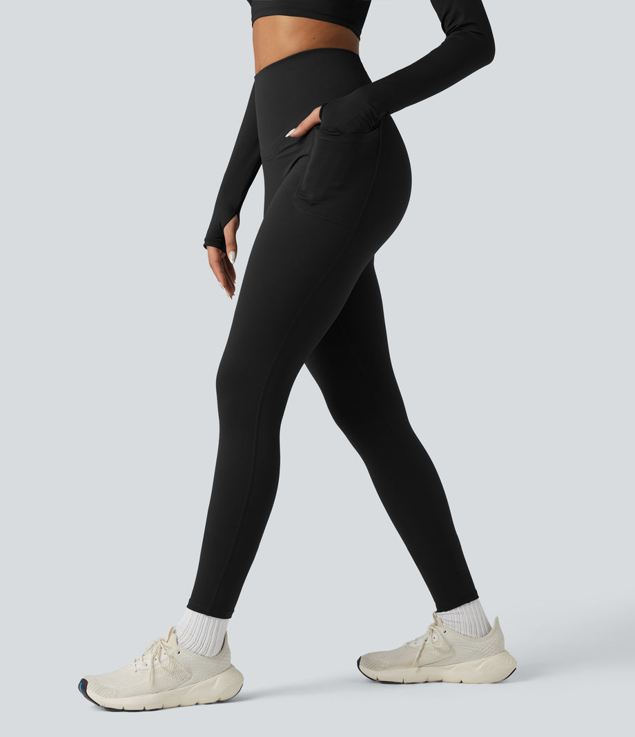 Halara Ultrasculpt™ Heat High Waisted Tummy Control Crossover Back Fleece Running Leggings with Pockets - Black