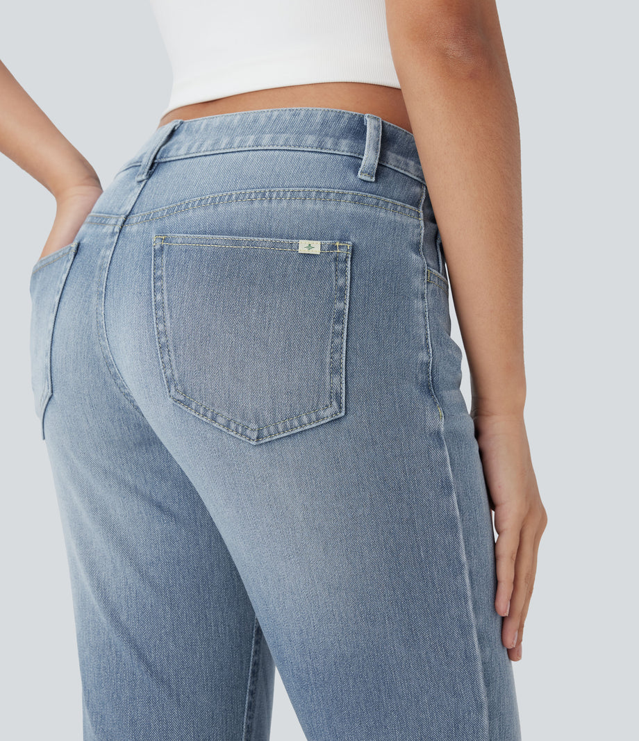Halara Flex™ Low Rise Zipper Pockets Washed Casual Bootcut Jeans - Blue Spruce Denim