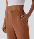 High Waisted Zipper Pocket Cropped Linen-Feel Pants - Sierra