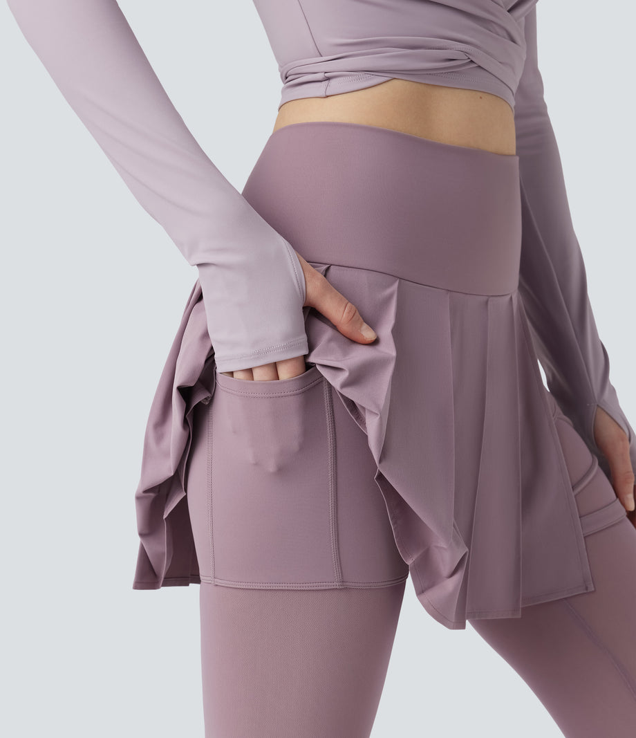 Breezeful™ High Waisted Pleated 2-in-1 Contrast Mesh Quick Dry Dance Stirrup Skirted Leggings with Pockets - Elderberry