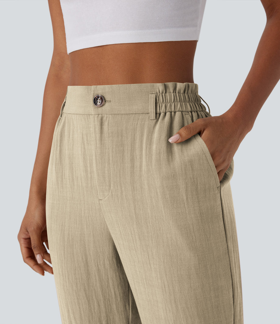 High Waisted Zipper Pocket Cropped Linen-Feel Pants - Fields of Rye