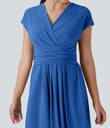 Breezeful™ V Neck Short Sleeve Pocket Tie Back Quick Dry Midi Casual Dress - Nebulas Blue