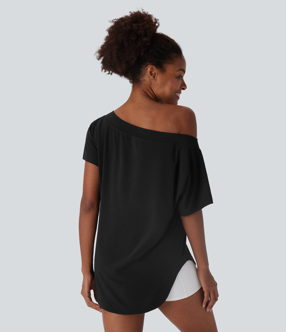 One Shoulder Short Sleeve Curved Hem High Low Quick Dry Yoga Sports Top - Black