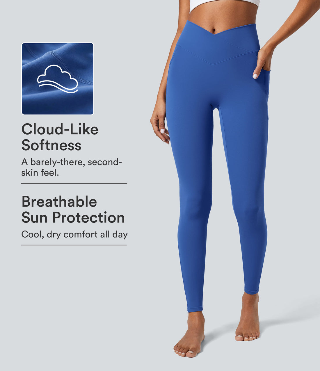 SoftlyZero™ Crossover Pocket Plain Leggings-UPF50+ - Beaucoup Blue