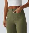 High Waisted Straight Leg Casual Linen-Feel Pants with Pockets - Moss Dune Green