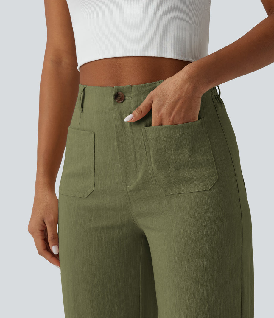 High Waisted Straight Leg Casual Linen-Feel Pants with Pockets - Moss Dune Green