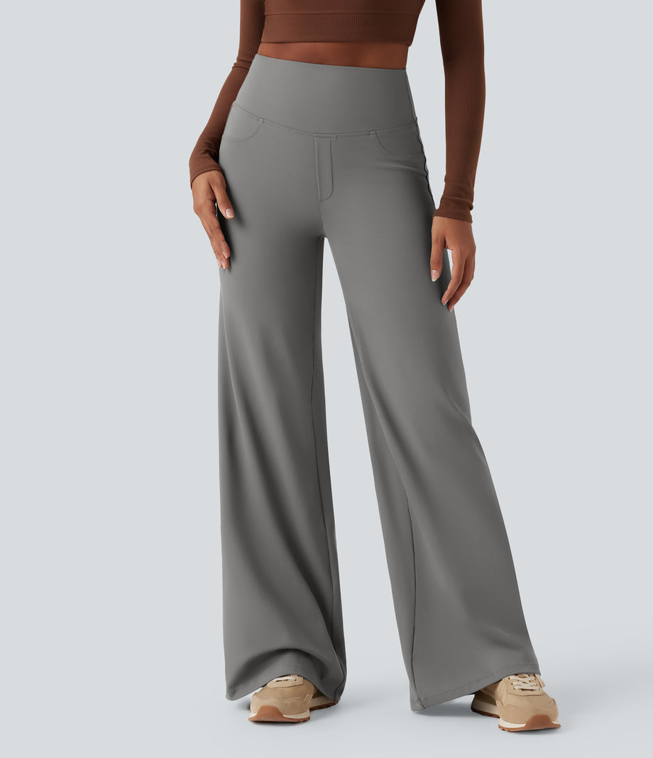 DayStretch High Waisted Tummy Control Wide Leg Baggy Yoga Pants with Pockets - Silent Storm