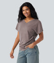V-neck Short Sleeve Ruched Relaxed Casual Top - Deep Tea Brown Floral Yarn