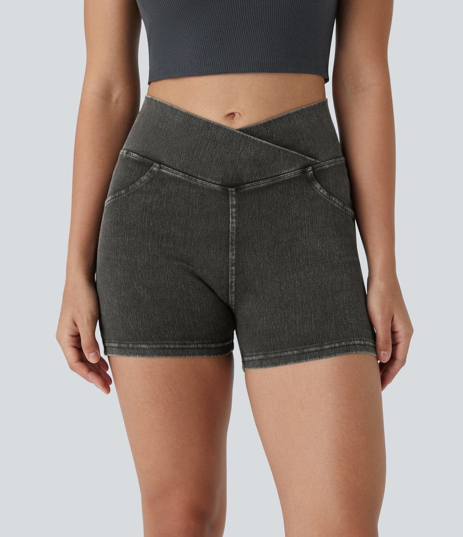 Halara Flex™ High Waisted Crossover Pocket Denim Casual Shorts 3" - Hemp Rope Black Denim