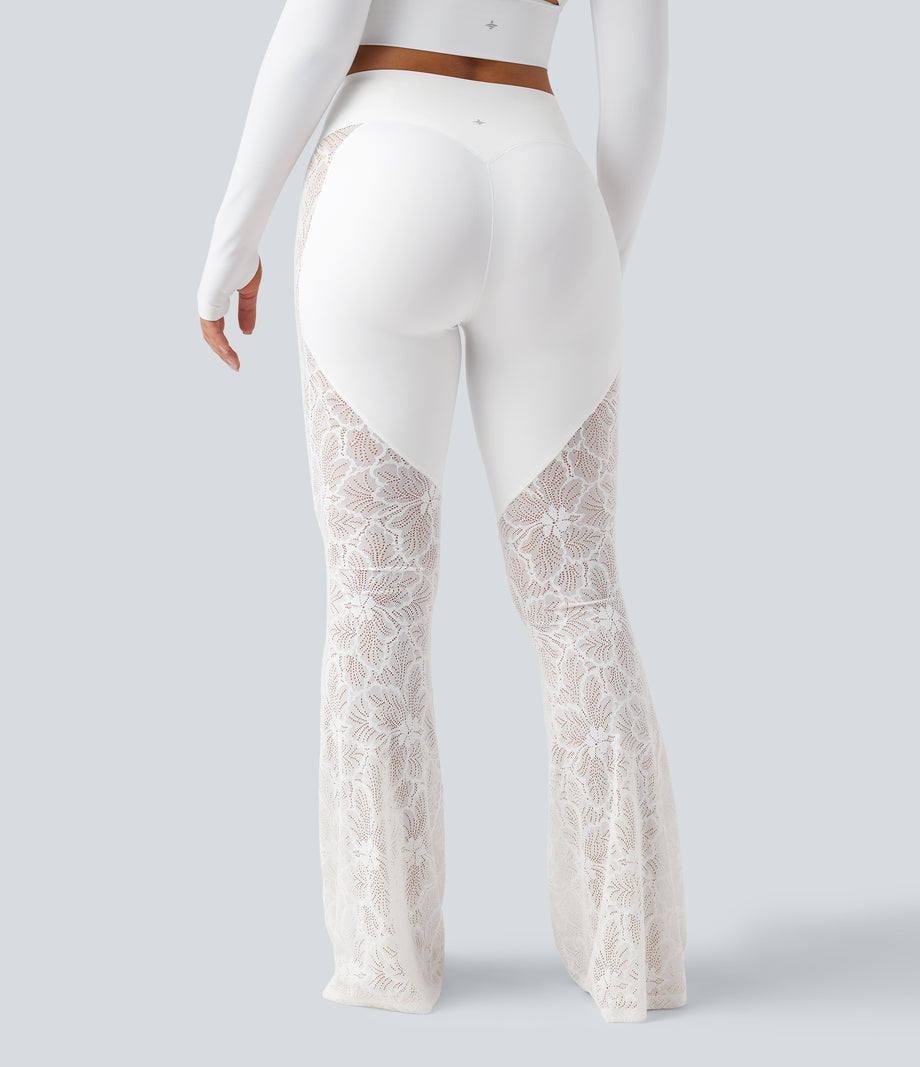 Halara UltraSculpt™ High Waisted Tummy Control Contrast Lace Yoga Flare Leggings with Pocket - White