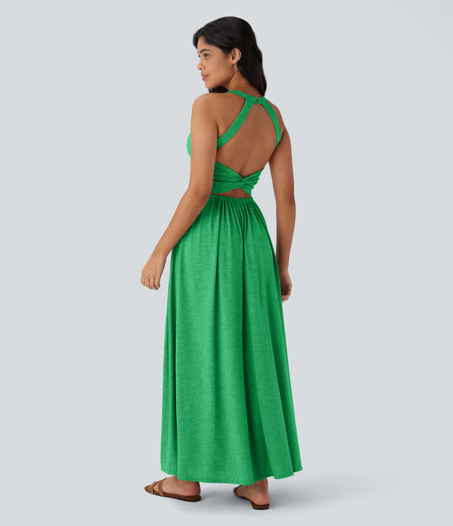 Twisted Backless Split Flowy Maxi Resort Dress with Pockets - Dewleaf Green