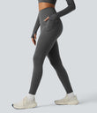 Halara Ultrasculpt™ Heat High Waisted Tummy Control Crossover Back Fleece Running Leggings with Pockets - Black Oyster