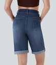 Halara Flex™ High Waisted Pockets Rolled Hem Washed Denim Casual Bermuda Shorts - Inkling  Blue Denim