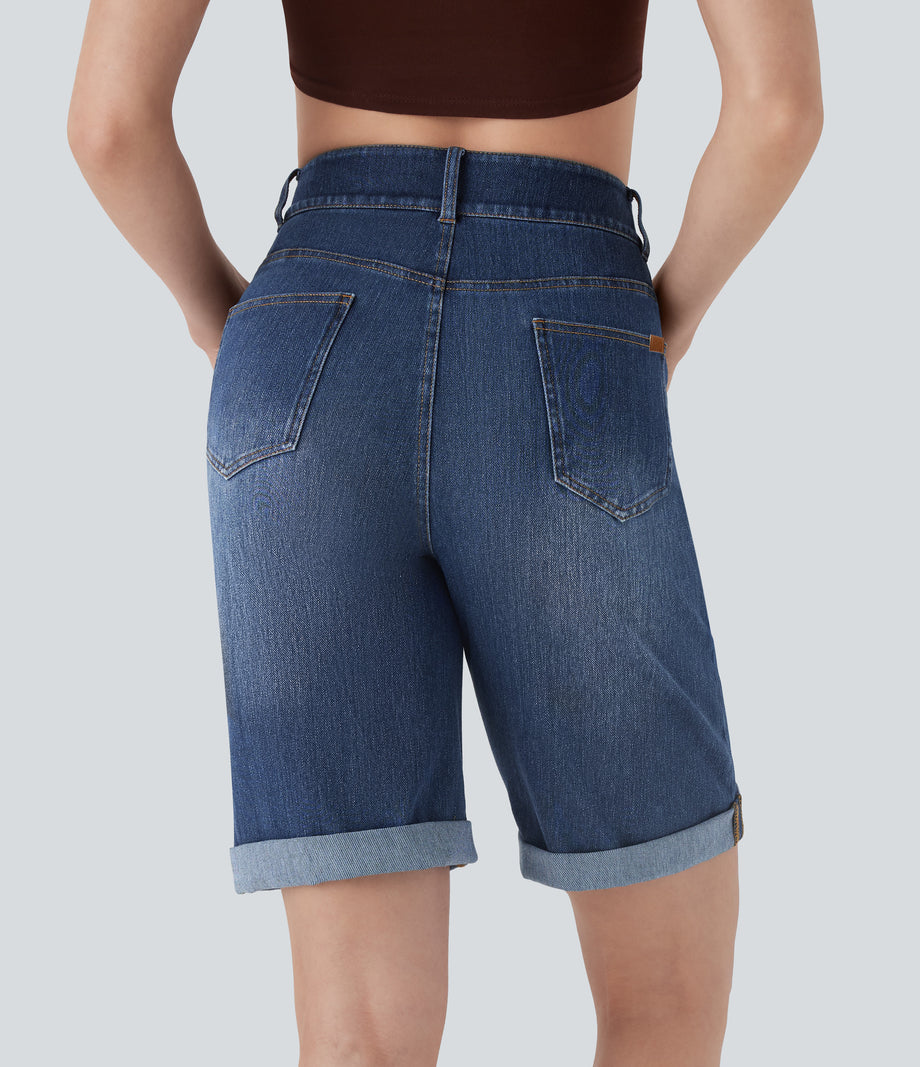 Halara Flex™ High Waisted Pockets Rolled Hem Washed Denim Casual Bermuda Shorts - Inkling  Blue Denim