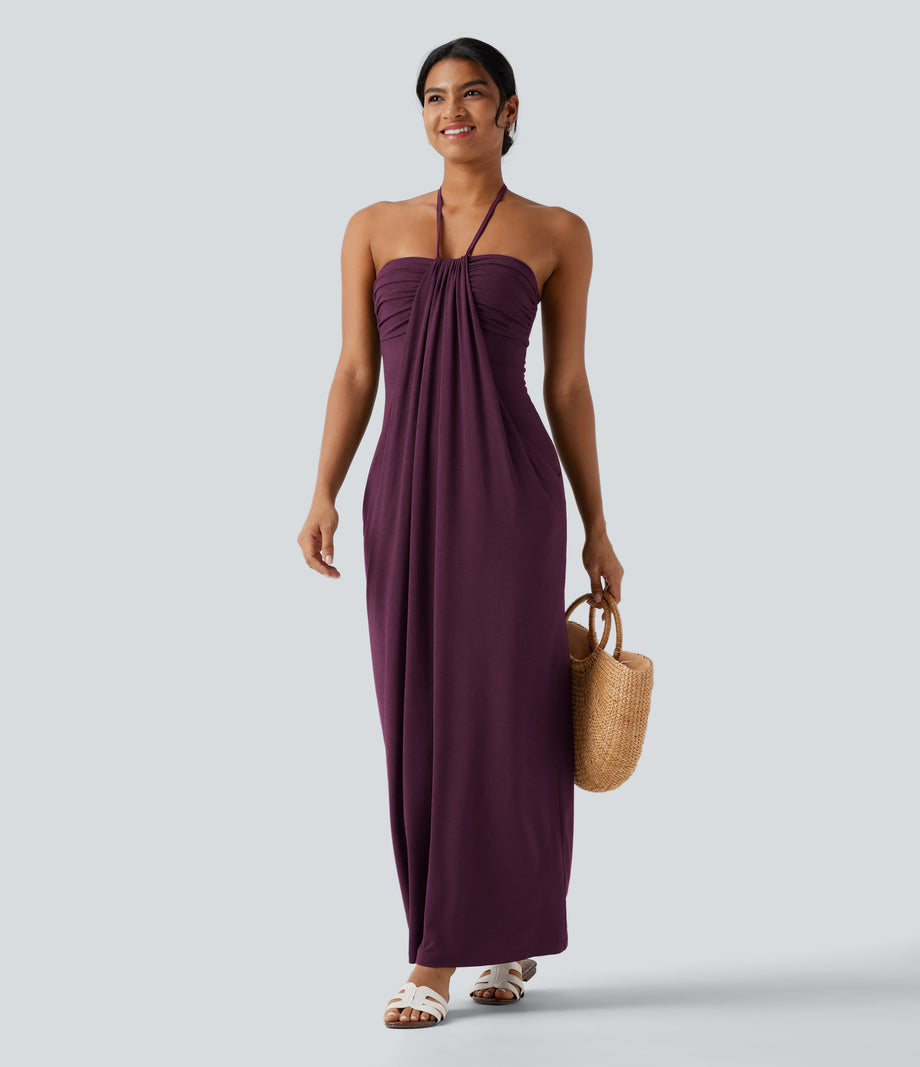 Halter Tie Back Maxi Dress with Pockets - Fig