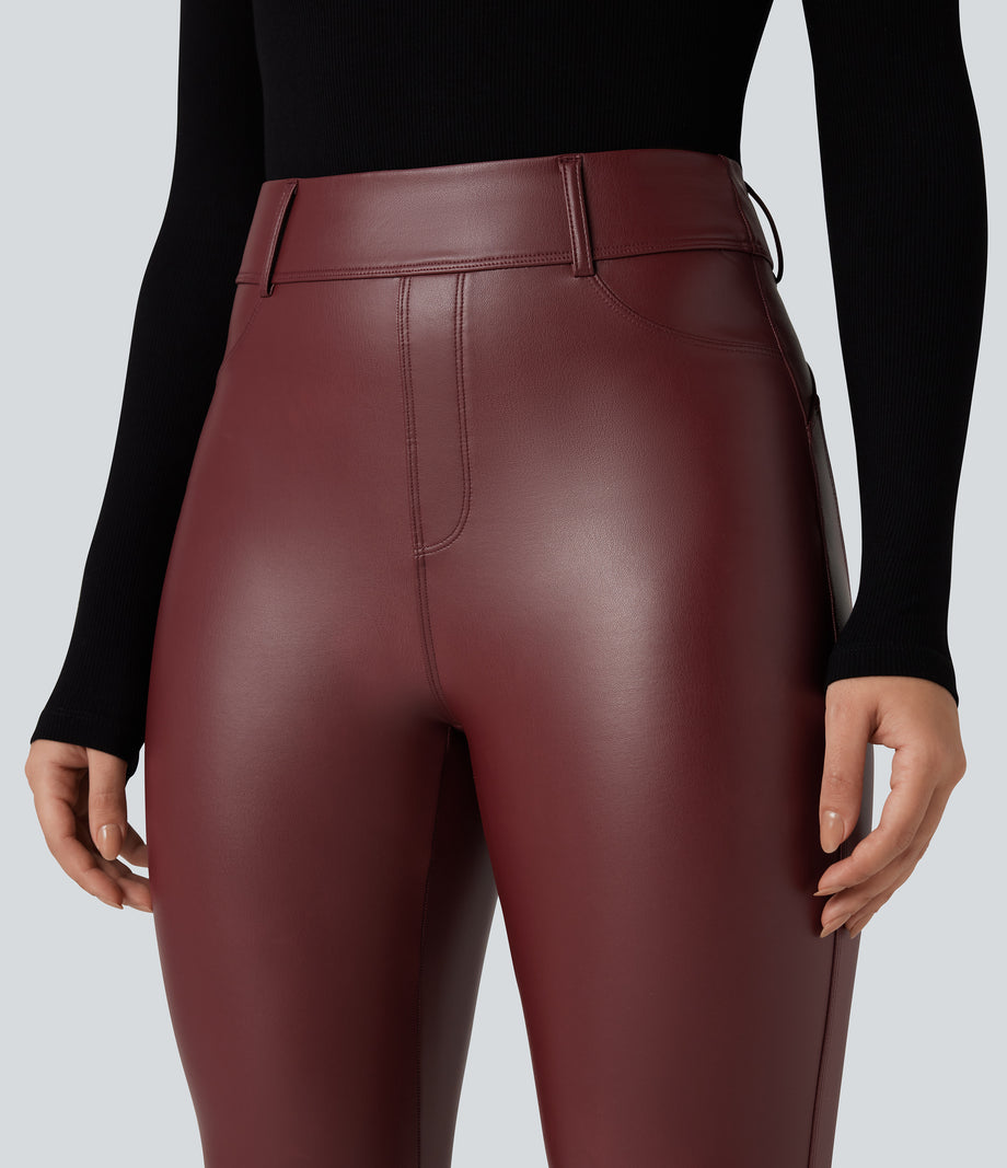 High Waisted Stretchy PU Fleece Casual Leggings with Pockets - Andorra