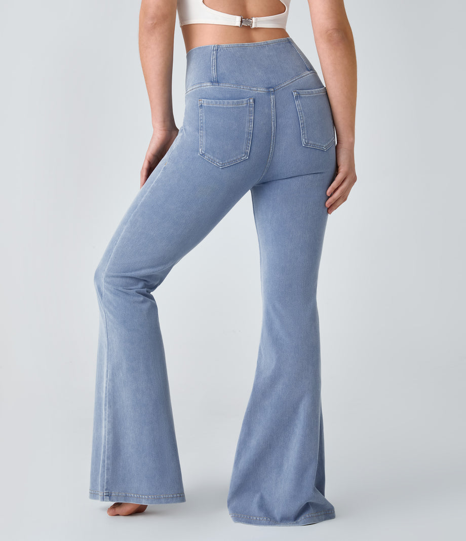 Halara Flex™ High Waisted Crossover Pocket Cool Touch Washed Casual Jeans - Tile Blue Denim