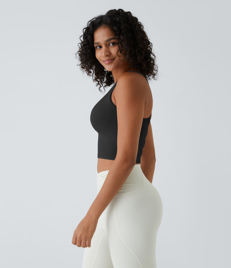 Crisscross Backless Built-in Bra Cropped Running Tank Top A-D Cups - Black