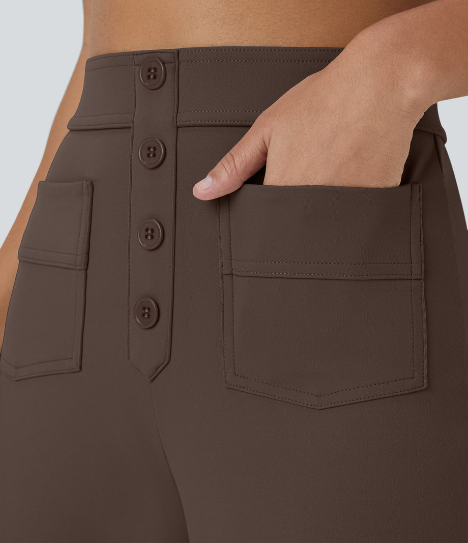 DayStretch High Waisted Pockets Straight Leg Casual Pants - Chocolate Martini