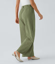 High Waisted Pocket Wide Leg Flowy Solid Palazzo Casual Linen-Feel Pants - Catkin Green