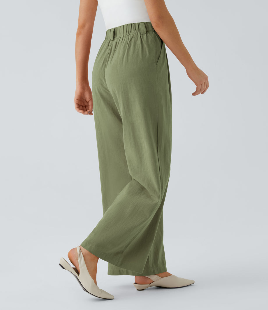 High Waisted Pocket Wide Leg Flowy Solid Palazzo Casual Linen-Feel Pants - Catkin Green